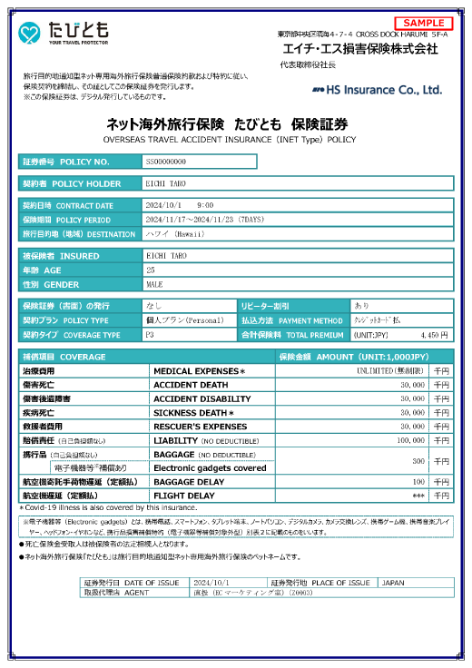 海外旅行保険証券